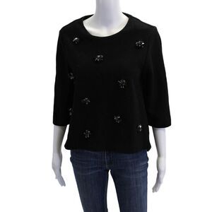 Mignon Doo Womens Wool 3/4 Sleeve Round Neck Embellished Blouse Black Size L